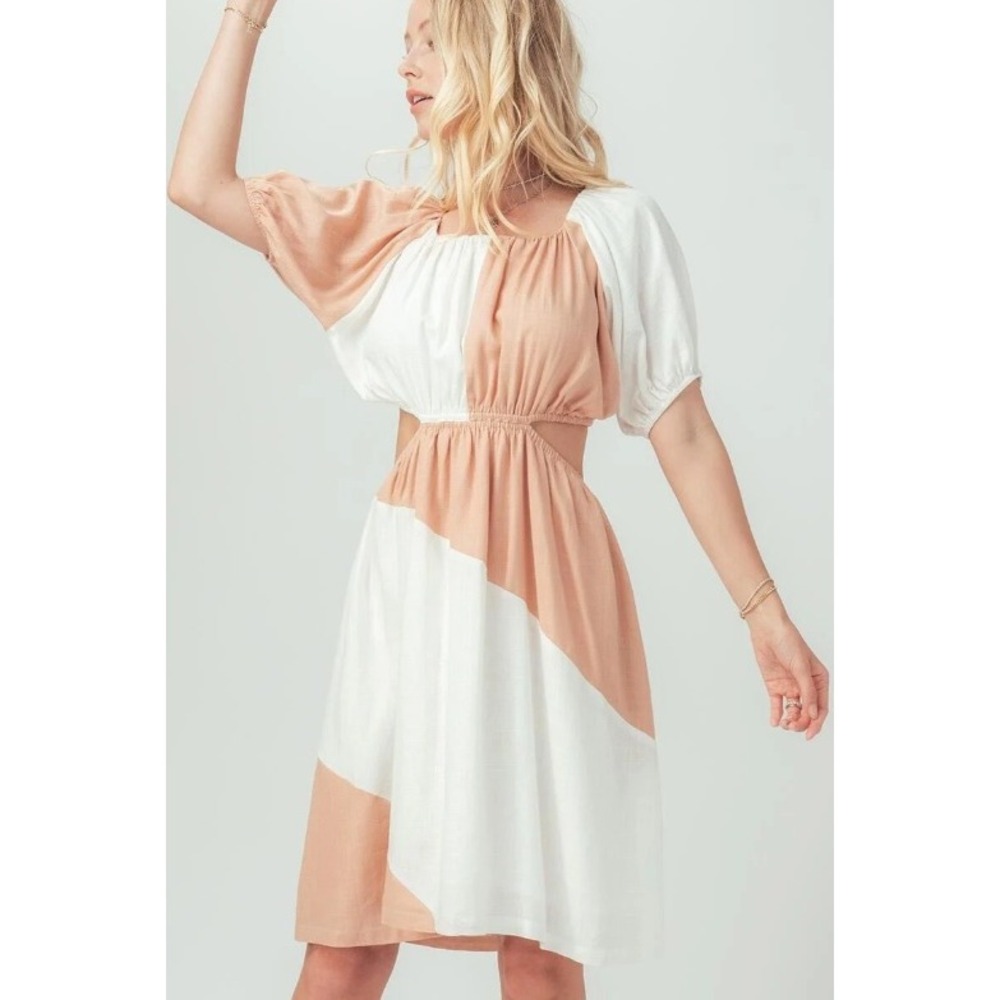 Aaron & Amber Tan White Colorblock Cut-Out Midi Dress Linen Blend Puff Sleeve L